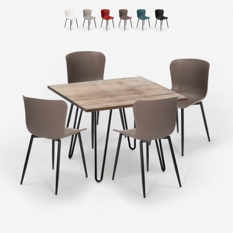 Vierkante tafel set 80x80cm 4 stoelen hout metaal industriële stijl Claw