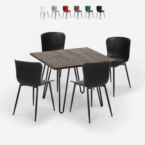 Tafel set 80x80cm vierkant 4 stoelen industriële stijl metaal Claw Dark