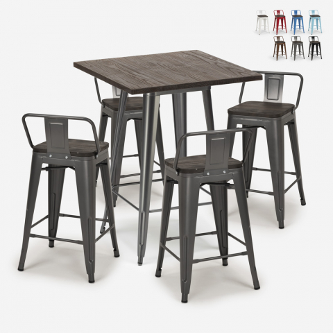 Industriële set met 4 barkrukken en tafel hoge 60x60 cm van hout en metaal Peaky Aanbieding