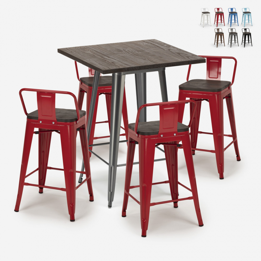 Industriële set met 4 barkrukken en tafel hoge 60x60 cm van hout en metaal Peaky Voorraad Industriële set met 4 barkrukken en tafel hoge 60x60 cm van hout en metaal Peaky Voorraad