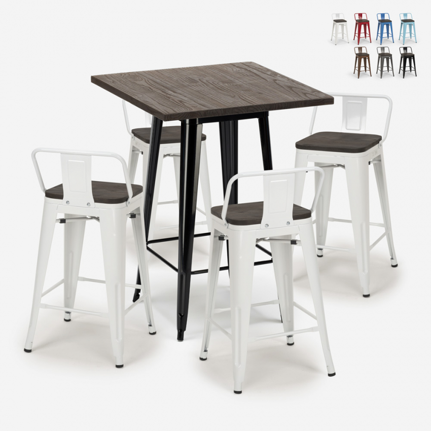 Industriële set met 4 barkrukken en tafel hoge 60x60 cm van hout en metaal Peaky Black Aanbod