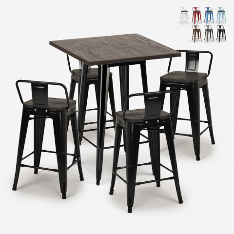 Industriële set met 4 barkrukken en tafel hoge 60x60 cm van hout en metaal Peaky Black Aanbieding