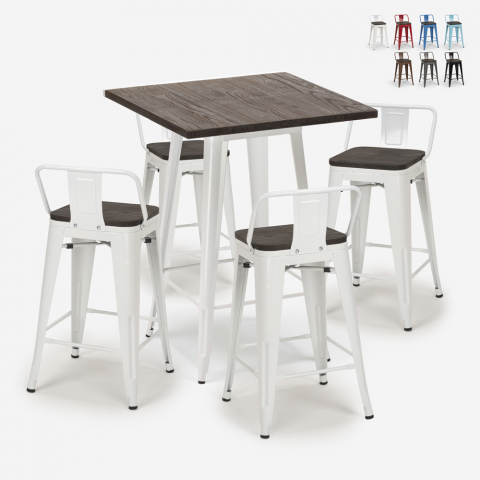 Industriële set met 4 barkrukken en tafel hoge 60x60 cm van hout en metaal Peaky White Aanbieding