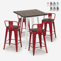Industriële set met 4 barkrukken en tafel hoge 60x60 cm van hout en metaal Peaky White Voorraad