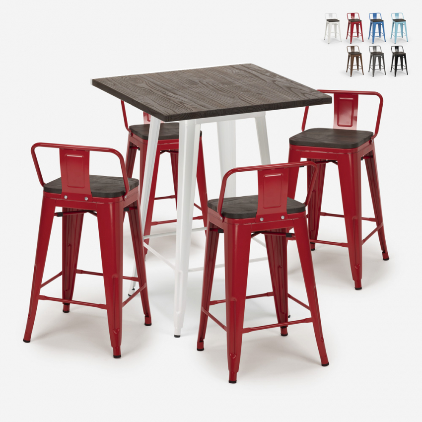 Industriële set met 4 barkrukken en tafel hoge 60x60 cm van hout en metaal Peaky White Voorraad Industriële set met 4 barkrukken en tafel hoge 60x60 cm van hout en metaal Peaky White Voorraad