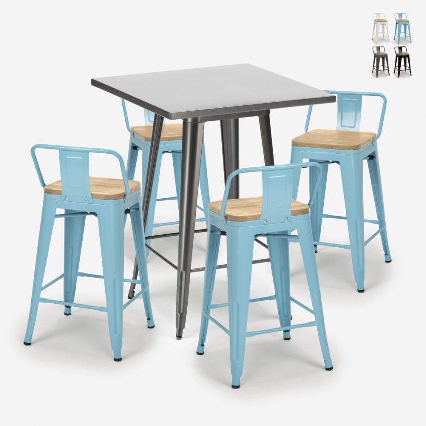 Industriële metalen set met tafel 60x60 cm en 4 barkrukken Bucket Steel Korting Industriële metalen set met tafel 60x60 cm en 4 barkrukken Bucket Steel Korting