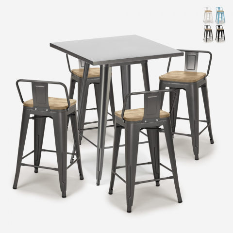 Industriële metalen set met tafel 60x60 cm en 4 barkrukken Bucket Steel Aanbieding