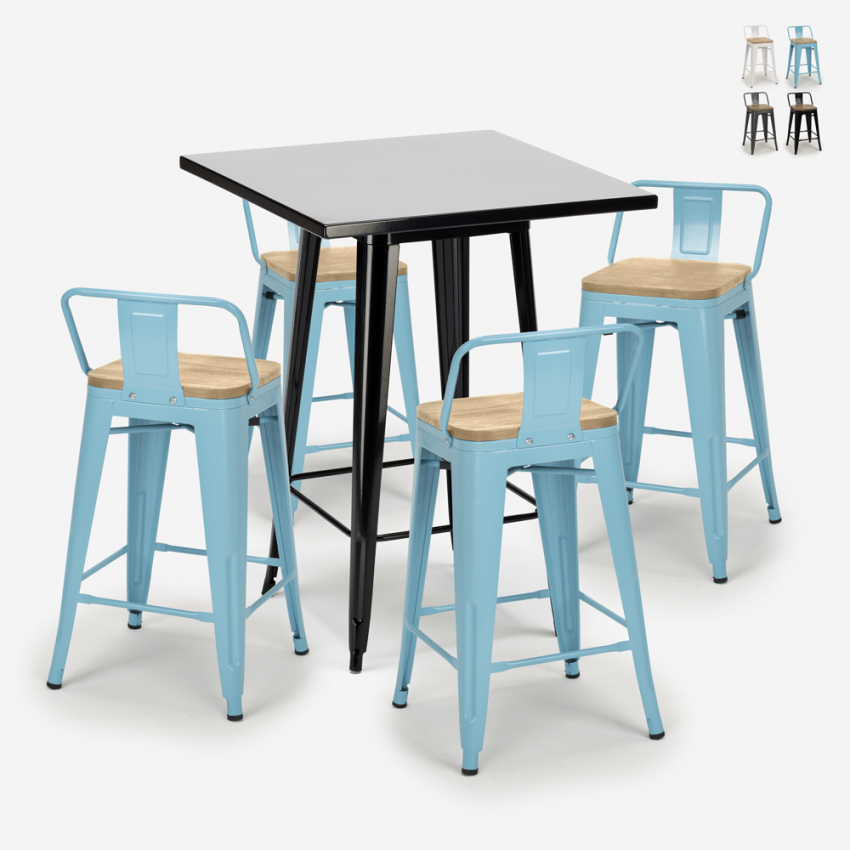 Industriële metalen set met zwarte tafel 60x60 cm en 4 barkrukken Bucket Steel Black Verkoop