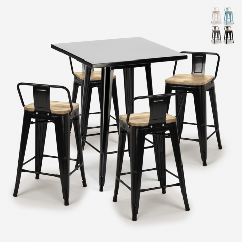 Industriële metalen set met zwarte tafel 60x60 cm en 4 barkrukken Bucket Steel Black Aanbieding