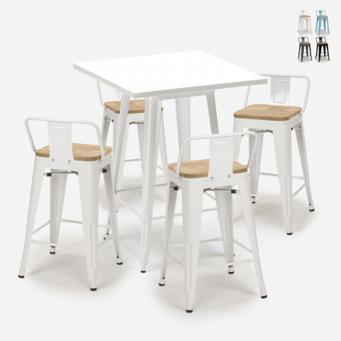 Industriële set met witte tafel 60x60 cm en 4 barkrukken Bucket Steel White Aanbieding