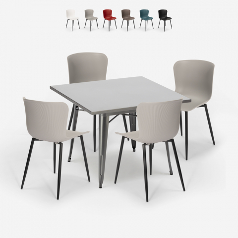 Set 4 stoelen vierkante tafel 80x80cm Tolix industrieel ontwerp Wrench