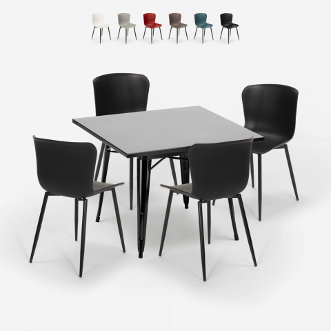 Set 4 stoelen tafel 80x80cm Tolix vierkante industriële stijl Wrench Dark