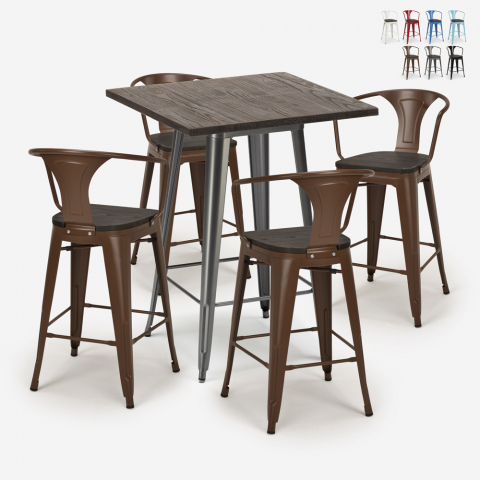Set met hoge tafel 60x60 cm en 4 industriële metalen barkrukken Bruck Wood Aanbieding