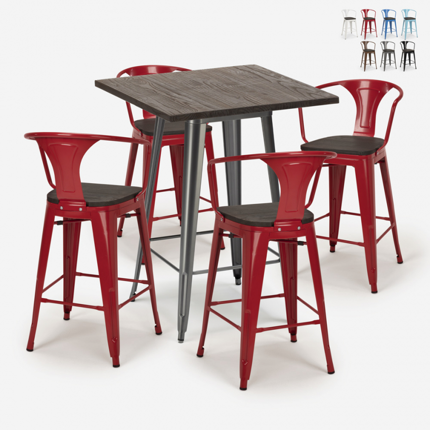 Set met hoge tafel 60x60 cm en 4 industriële metalen barkrukken Bruck Wood Voorraad