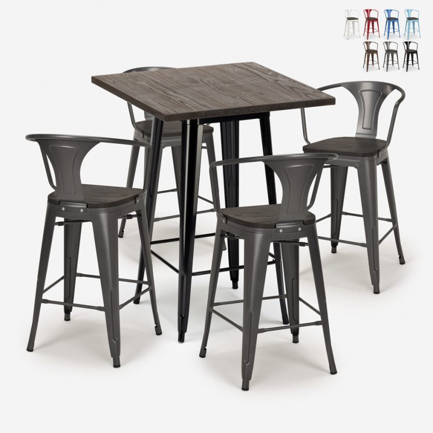 Industriële set met hoge tafel 60x60 cm en 4 barkrukken van metaal en hout Bruck Wood Black Catalogus Industriële set met hoge tafel 60x60 cm en 4 barkrukken van metaal en hout Bruck Wood Black Catalogus