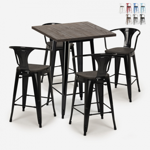 Industriële set met hoge tafel 60x60 cm en 4 barkrukken van metaal en hout Bruck Wood Black Aanbieding