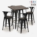 Industriële set met hoge tafel 60x60 cm en 4 barkrukken van metaal en hout Bruck Wood Black Aanbieding