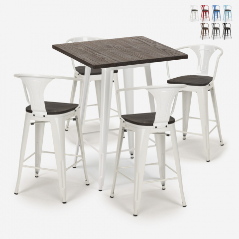 Set met industriële hoge tafel 60x60 cm en 4 barkrukken Bruck Wood White Aanbieding