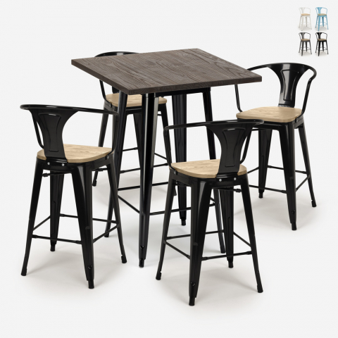 Industriële set met hoge tafel 60x60 cm en 4 barkrukken Bruck Black Top Light Aanbieding