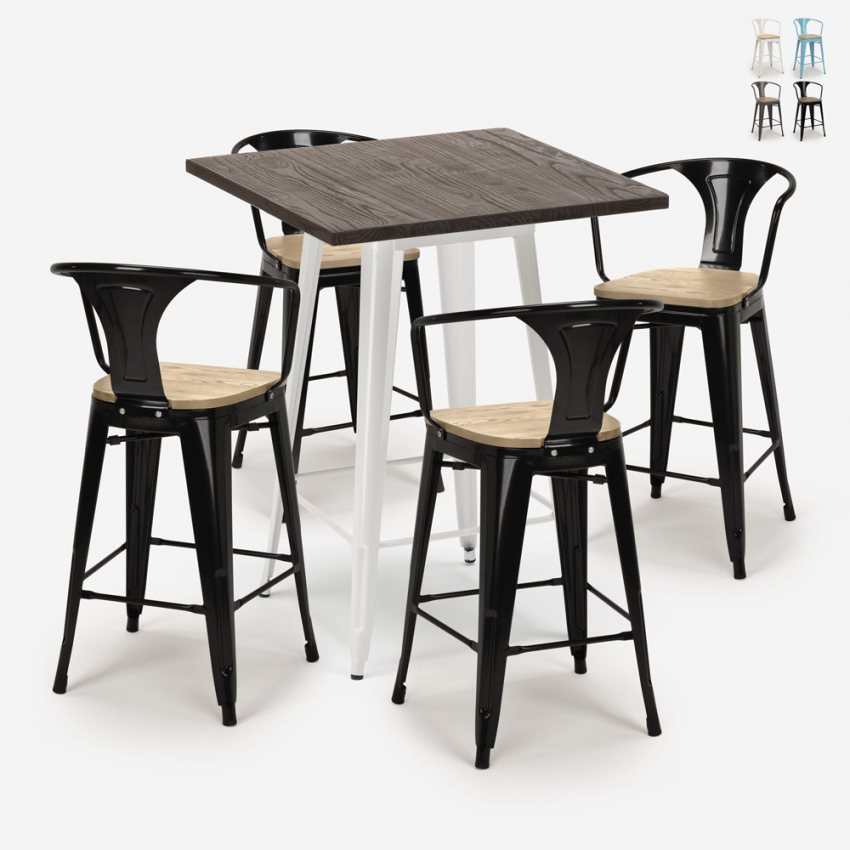 Set met hoge tafel 60x60 cm en 4 industriële metalen barkrukken Bruck White Top Light Korting Set met hoge tafel 60x60 cm en 4 industriële metalen barkrukken Bruck White Top Light Korting