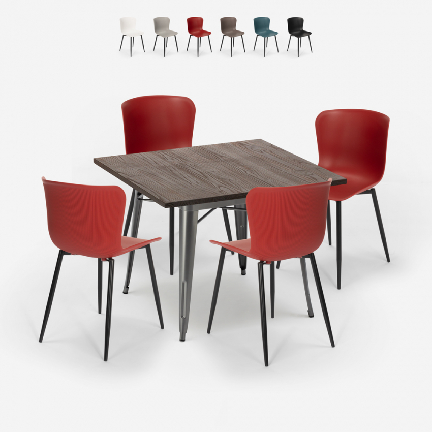 vierkante tafel set 80x80cm Lix industrieel ontwerp 4 stoelen anvil Kortingen
