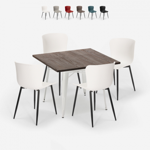 Set 4 stoelen vierkante tafel Tolix 80x80cm hout metaal Anvil Light