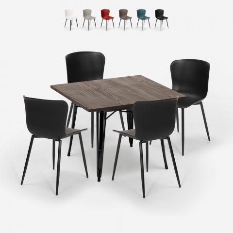 vierkante tafel set 80x80cm Lix 4 stoelen industriële stijl anvil dark Aanbieding