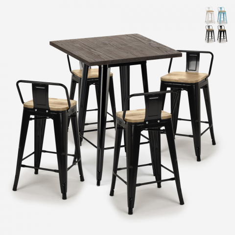 Industriële set met 4 barkrukken en bartafel 60x60 cm van hout en metaal Rough Black Aanbieding