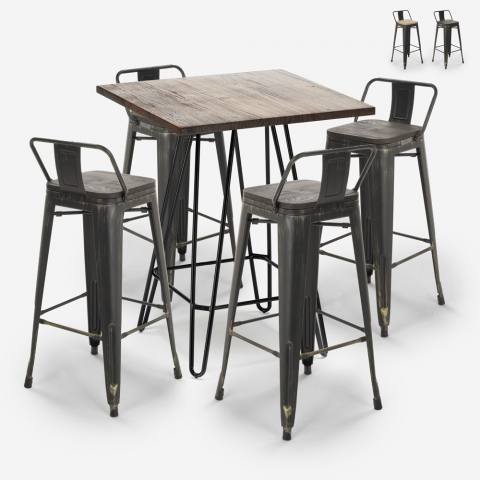 Set van 4 vintage barkrukken en hoge bartafel 60x60 cm in industrieel design Rhodes Noix Aanbieding