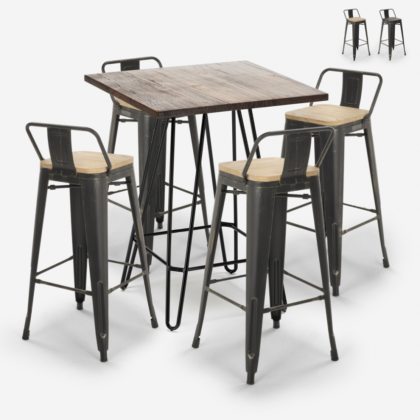 Set van 4 vintage barkrukken en hoge bartafel 60x60 cm in industrieel design Rhodes Noix Verkoop Set van 4 vintage barkrukken en hoge bartafel 60x60 cm in industrieel design Rhodes Noix Verkoop