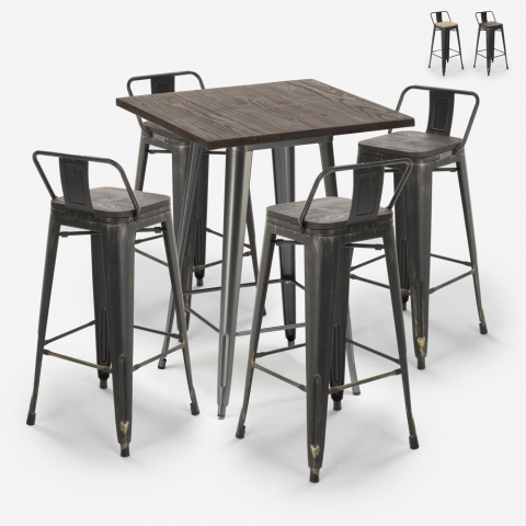 Vintage set met hoge bartafel 60x60 cm en 4 design barkrukken van metaal en hout Axel Aanbieding