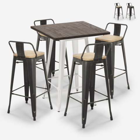 Vintage set met hoge bartafel 60x60 cm en 4 design barkrukken van metaal en hout Axel White Aanbieding