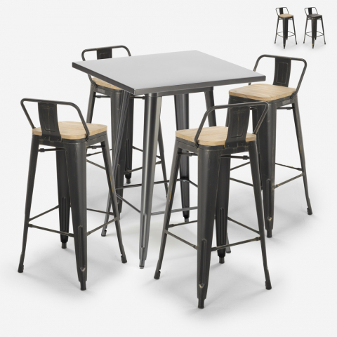 Industriële set met 4 vintage barkrukken en hoge tafel 60x60 cm Rush Aanbieding