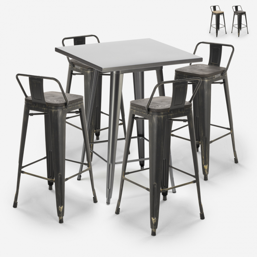 Industriële set met 4 vintage barkrukken en hoge tafel 60x60 cm Rush Verkoop Industriële set met 4 vintage barkrukken en hoge tafel 60x60 cm Rush Verkoop
