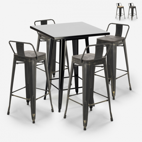 set van 4 vintage krukjes industriële zwarte hoge tafel 60x60cm rush black Aanbieding