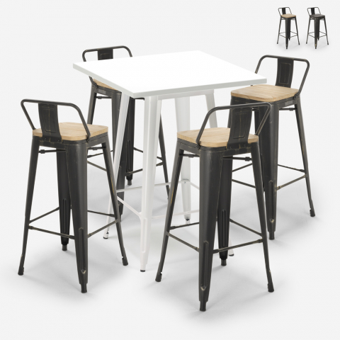 Industriële set met 4 vintage barkrukken en hoge tafel 60x60 cm Rush White Aanbieding