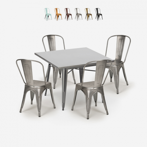 Industriële set met 4 vintage stijl stoelen en tafel 80x80 cm State Aanbieding