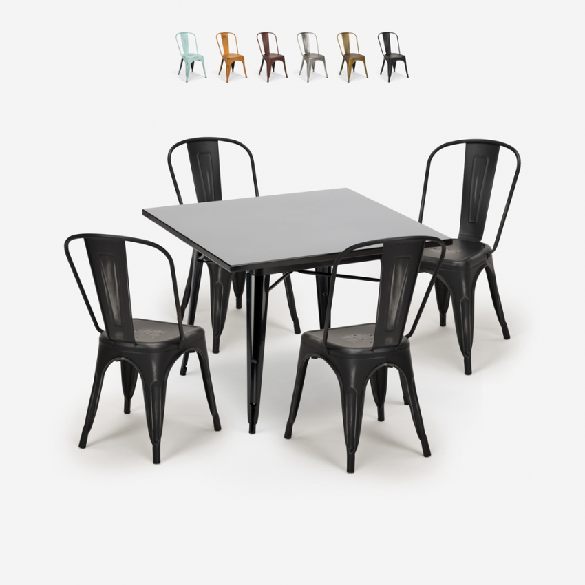 Industriële set met 4 vintage stijl stoelen en tafel 80x80 cm State Black Kortingen Industriële set met 4 vintage stijl stoelen en tafel 80x80 cm State Black Kortingen