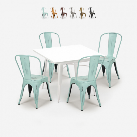 Industriële set met 4 vintage stijl stoelen en tafel 80x80 cm State White Aanbieding
