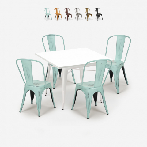 Set 4 stoelen tolix tafel industriële stijl metaal 80x80cm wit State White