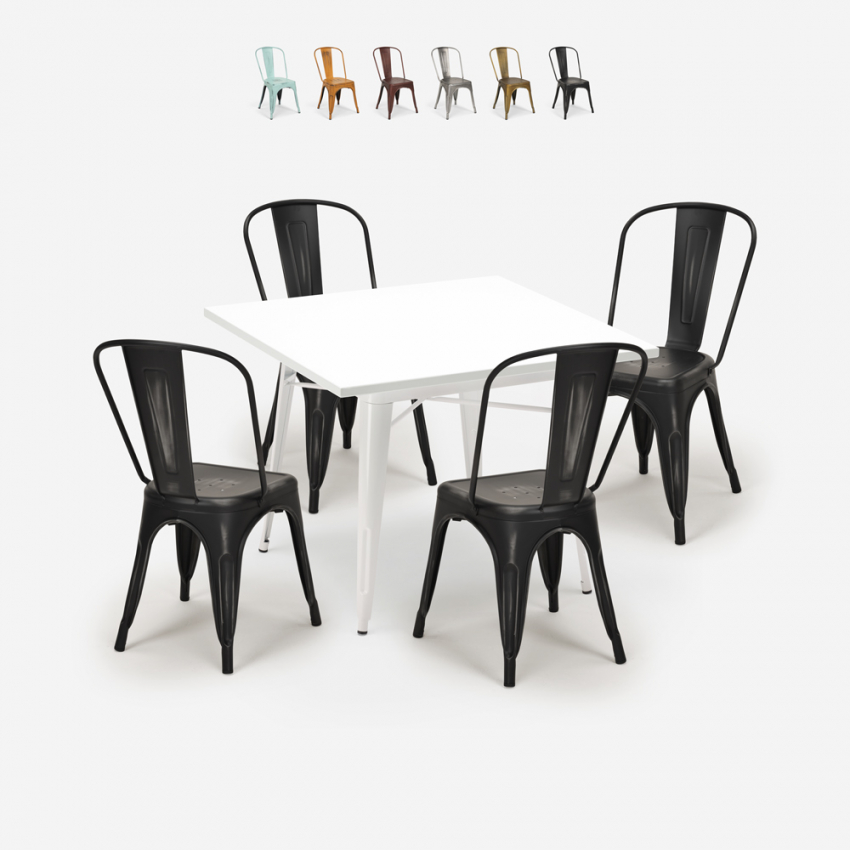 Industriële set met 4 vintage stijl stoelen en tafel 80x80 cm State White Korting