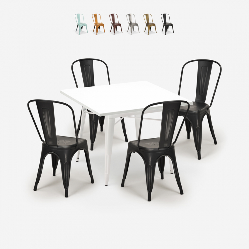 set 4 stoelen Lix tafel industriële stijl metaal 80x80cm wit state white Korting