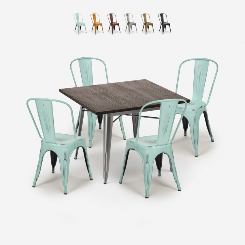 Industriële set met eettafel 80x80 cm en 4 vintage design stoelen Burton Korting