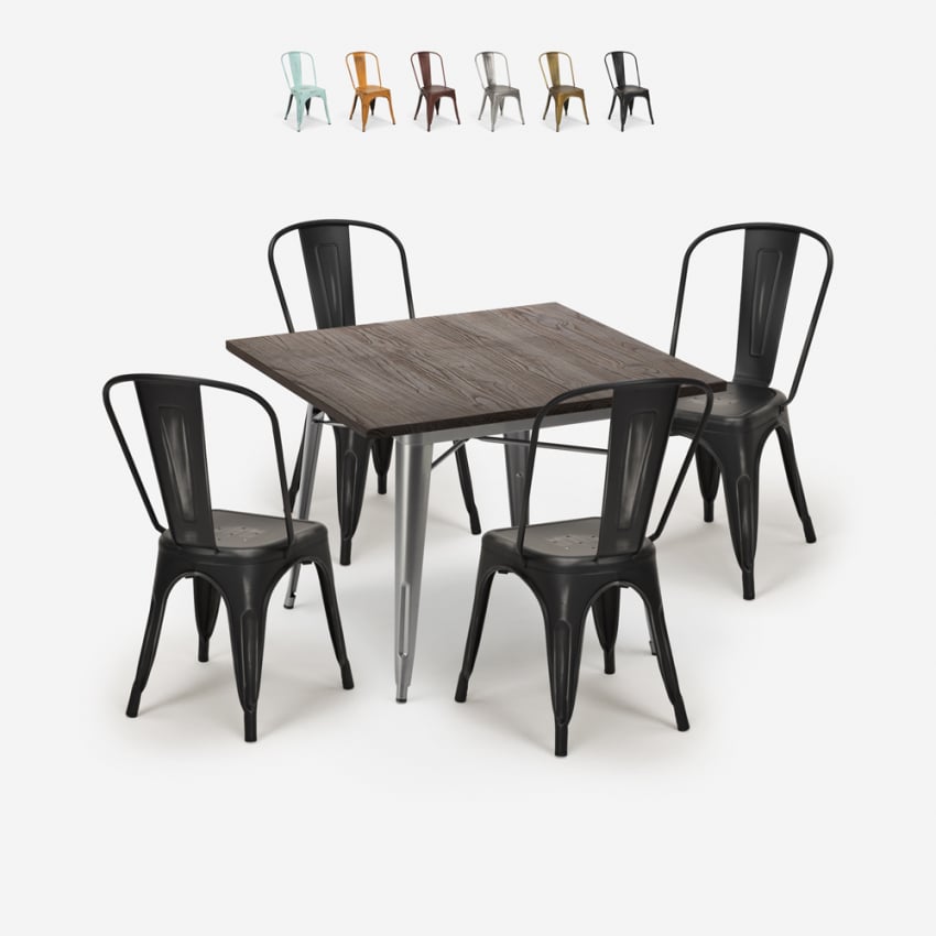 industriële eettafel set 80x80cm 4 stoelen vintage design burton Kortingen