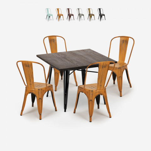 set 4 stoelen Lix vintage eettafel 80x80cm hout metaal burton black Aanbieding