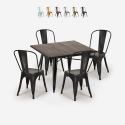 Industriële set met eettafel 80x80 cm en 4 vintage design stoelen Burton Black Korting