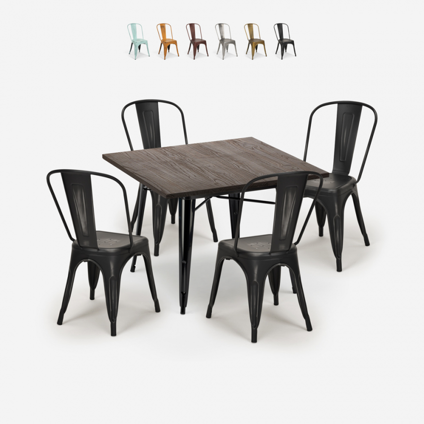 Industriële set met eettafel 80x80 cm en 4 vintage design stoelen Burton Black Korting Industriële set met eettafel 80x80 cm en 4 vintage design stoelen Burton Black Korting