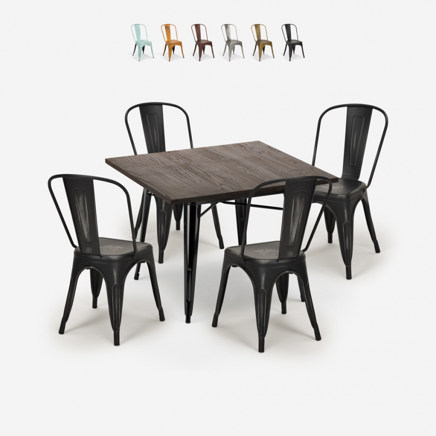 set 4 stoelen Lix vintage eettafel 80x80cm hout metaal burton black Korting