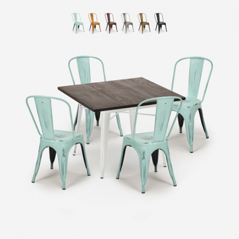 Industriële keukentafel set 80x80cm 4 stoelen design tolix Burton White Aanbieding