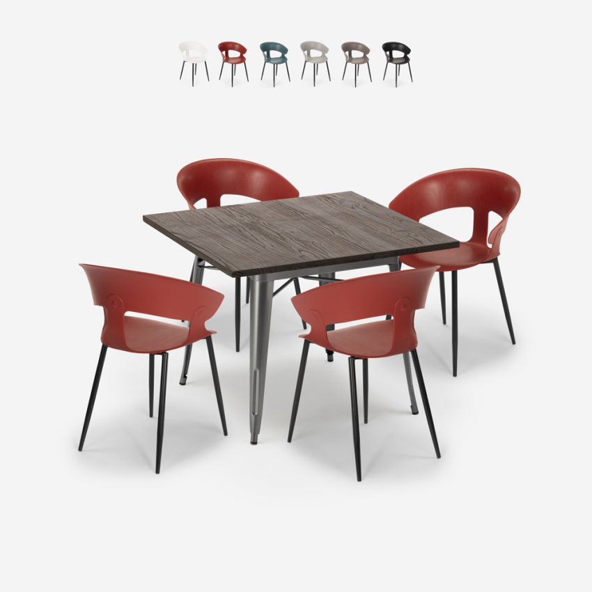Set met vierkante tafel 80x80 cm en 4 stoelen in modern industrieel design Reeve Catalogus Set met vierkante tafel 80x80 cm en 4 stoelen in modern industrieel design Reeve Catalogus